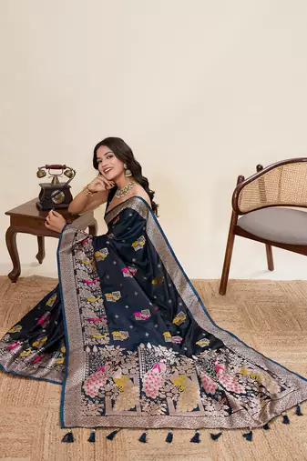 soft litchi art silk banarasi art silk jacquard saree (yesha-02-navy)