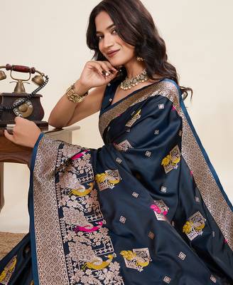 soft litchi art silk banarasi art silk jacquard saree (yesha-02-navy) 5