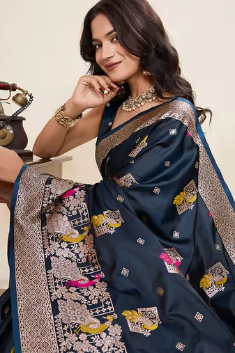 soft litchi art silk banarasi art silk jacquard saree (yesha-02-navy)