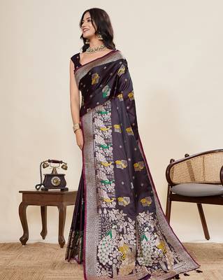 soft litchi art silk banarasi art silk jacquard saree (yesha-02-wine) 2