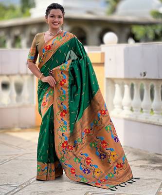 soft litchi art silk paithani jacquard saree (anuradha-paithani-green) 1