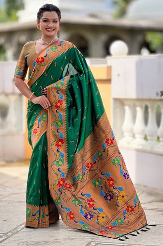 soft litchi art silk paithani jacquard saree (anuradha-paithani-green)