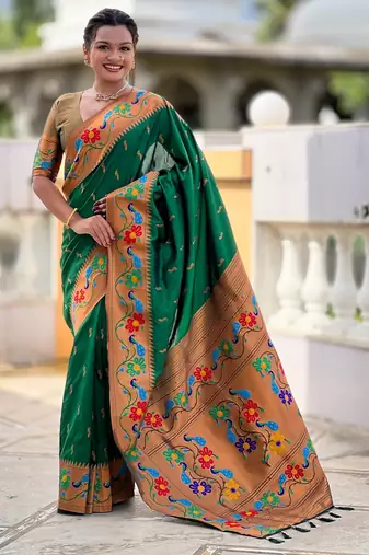 soft litchi art silk paithani jacquard saree (anuradha-paithani-green)
