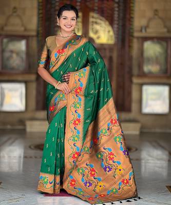 soft litchi art silk paithani jacquard saree (anuradha-paithani-green) 2