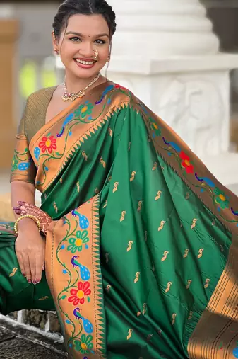 soft litchi art silk paithani jacquard saree (anuradha-paithani-green)