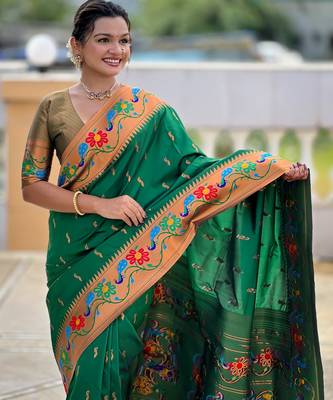 soft litchi art silk paithani jacquard saree (anuradha-paithani-green) 5