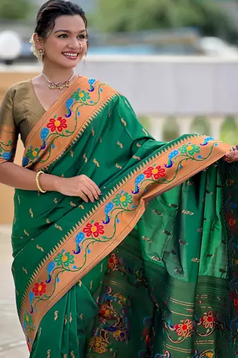 soft litchi art silk paithani jacquard saree (anuradha-paithani-green)