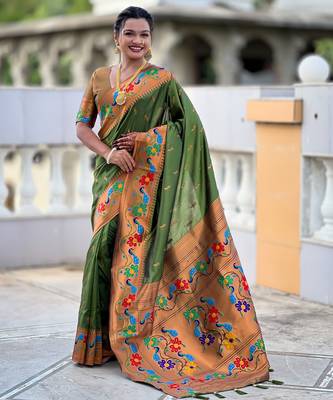 soft litchi art silk paithani jacquard saree (anuradha-paithani-mahendi) 1