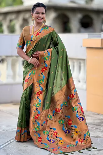 soft litchi art silk paithani jacquard saree (anuradha-paithani-mahendi)