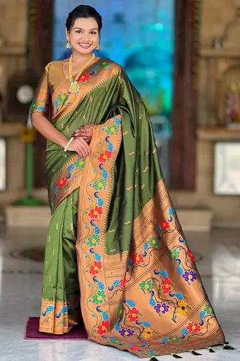 soft litchi art silk paithani jacquard saree (anuradha-paithani-mahendi)