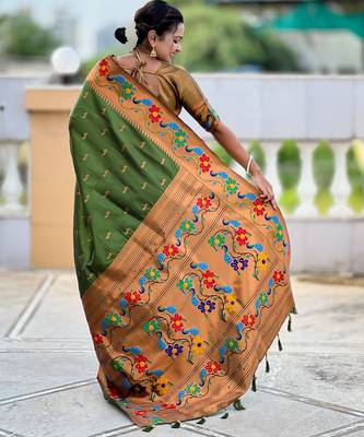 soft litchi art silk paithani jacquard saree (anuradha-paithani-mahendi) 3