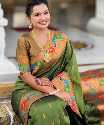 soft litchi art silk paithani jacquard saree (anuradha-paithani-mahendi) 4