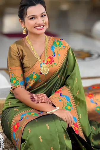 soft litchi art silk paithani jacquard saree (anuradha-paithani-mahendi)