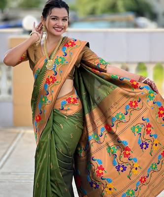 soft litchi art silk paithani jacquard saree (anuradha-paithani-mahendi) 5