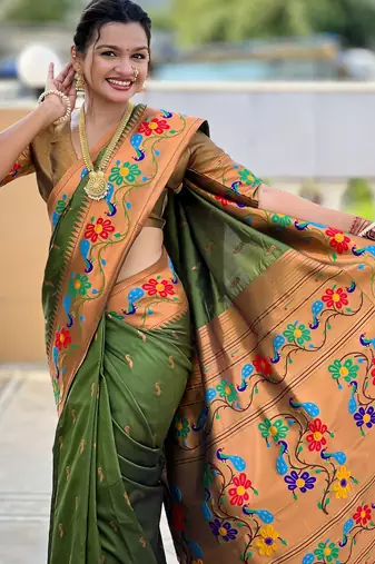 soft litchi art silk paithani jacquard saree (anuradha-paithani-mahendi)