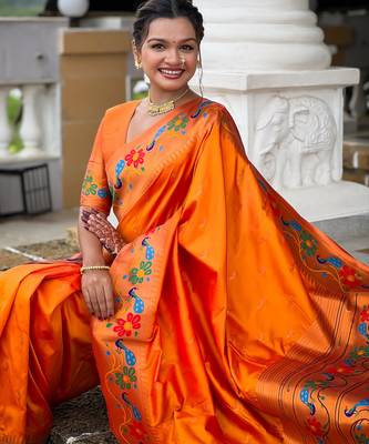 soft litchi art silk paithani jacquard saree (anuradha-paithani-orange) 4