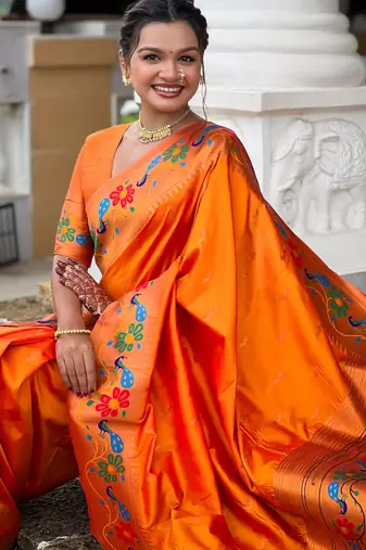 soft litchi art silk paithani jacquard saree (anuradha-paithani-orange)