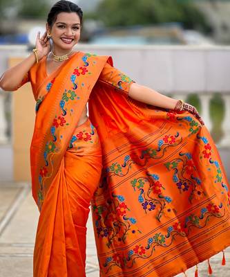 soft litchi art silk paithani jacquard saree (anuradha-paithani-orange) 5