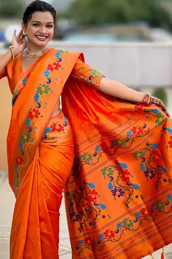 soft litchi art silk paithani jacquard saree (anuradha-paithani-orange)