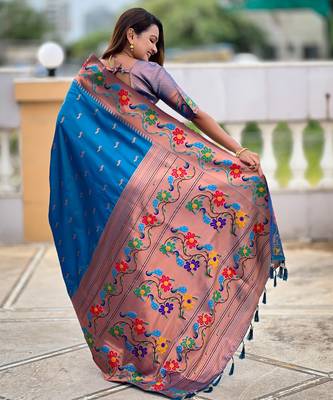 soft litchi art silk paithani jacquard saree (anuradha-paithani-sky-blue) 3