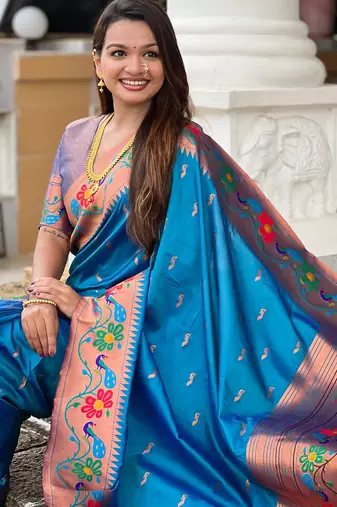 soft litchi art silk paithani jacquard saree (anuradha-paithani-sky-blue)