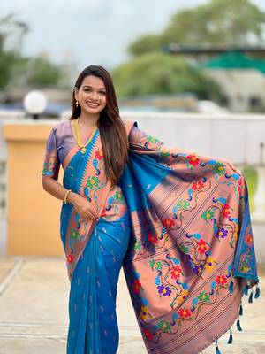 soft litchi art silk paithani jacquard saree (anuradha-paithani-sky-blue) 5