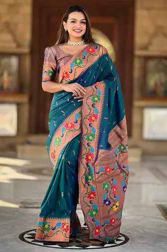 soft litchi art silk paithani jacquard saree (anuradha-paithani-teal-rama)