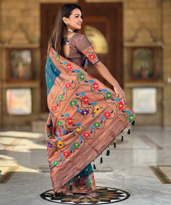 soft litchi art silk paithani jacquard saree (anuradha-paithani-teal-rama) 3