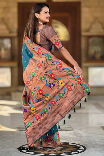 soft litchi art silk paithani jacquard saree (anuradha-paithani-teal-rama)