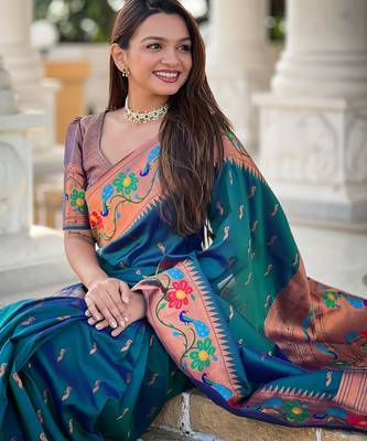 soft litchi art silk paithani jacquard saree (anuradha-paithani-teal-rama) 4