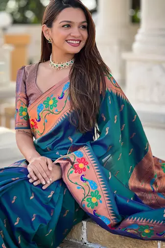 soft litchi art silk paithani jacquard saree (anuradha-paithani-teal-rama)