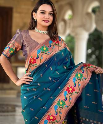 soft litchi art silk paithani jacquard saree (anuradha-paithani-teal-rama) 5