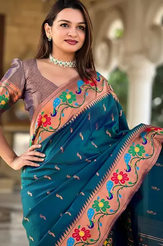 soft litchi art silk paithani jacquard saree (anuradha-paithani-teal-rama)