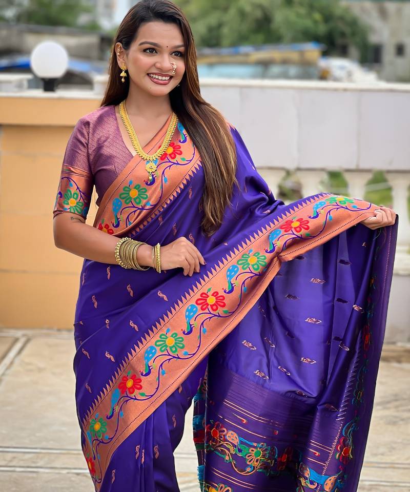 soft litchi art silk paithani jacquard saree (anuradha-paithani-violet)