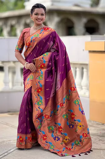 soft litchi art silk paithani jacquard saree (anuradha-paithani-wine)