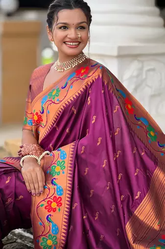 soft litchi art silk paithani jacquard saree (anuradha-paithani-wine)