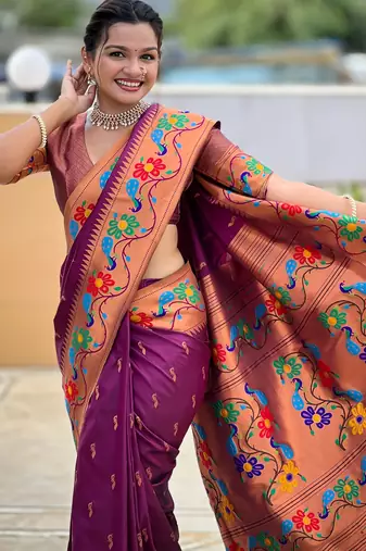 soft litchi art silk paithani jacquard saree (anuradha-paithani-wine)
