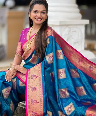 soft litchi art silk banarasi art silk jacquard saree (apurva-firozi) 4