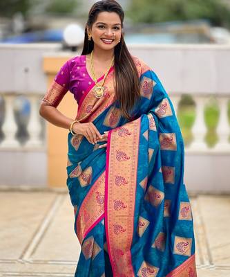 soft litchi art silk banarasi art silk jacquard saree (apurva-firozi) 5
