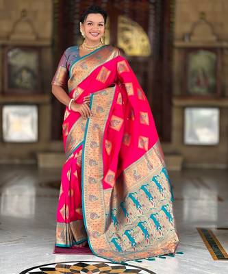 soft litchi art silk banarasi art silk jacquard saree (apurva-rani-pink) 2