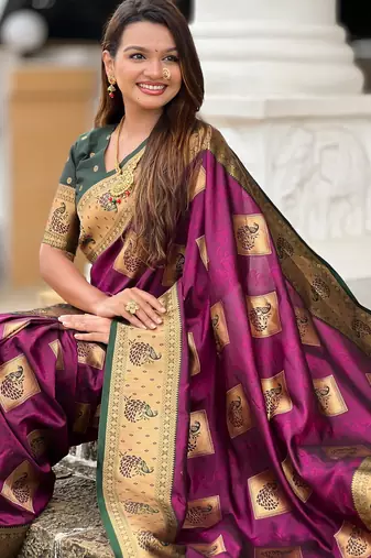 soft litchi art silk banarasi art silk jacquard saree (apurva-wine)