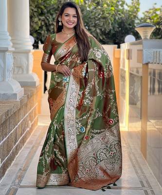 soft litchi art silk banarasi art silk jacquard saree (banarasi-1-mahendi) 1