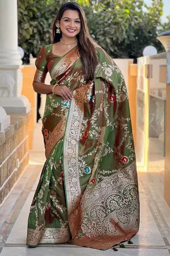 soft litchi art silk banarasi art silk jacquard saree (banarasi-1-mahendi)