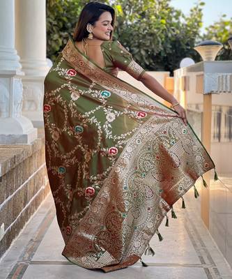 soft litchi art silk banarasi art silk jacquard saree (banarasi-1-mahendi) 3