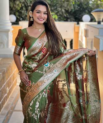 soft litchi art silk banarasi art silk jacquard saree (banarasi-1-mahendi) 4