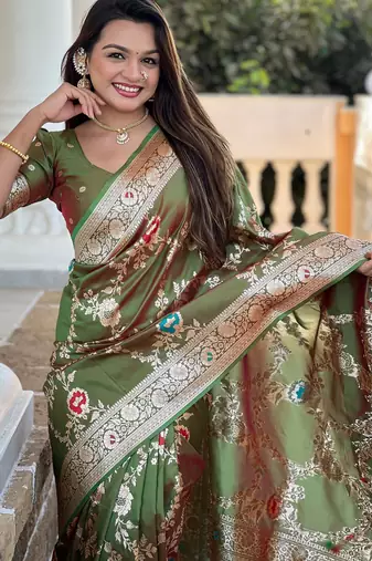 soft litchi art silk banarasi art silk jacquard saree (banarasi-1-mahendi)