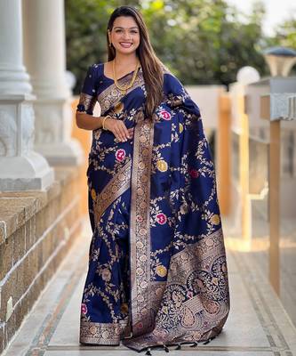 soft litchi art silk banarasi art silk jacquard saree (banarasi-1-navy-blue) 1