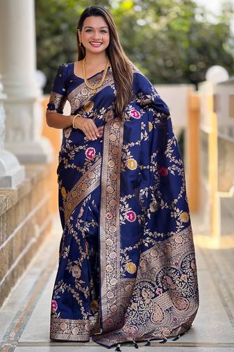 soft litchi art silk banarasi art silk jacquard saree (banarasi-1-navy-blue)