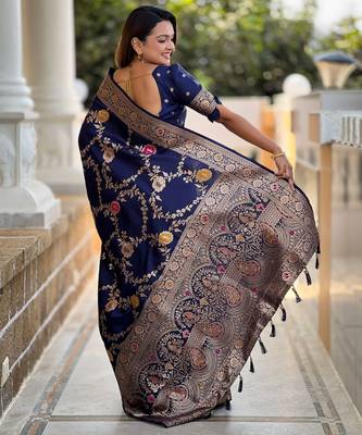 soft litchi art silk banarasi art silk jacquard saree (banarasi-1-navy-blue) 3