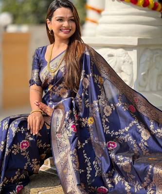 soft litchi art silk banarasi art silk jacquard saree (banarasi-1-navy-blue) 4
